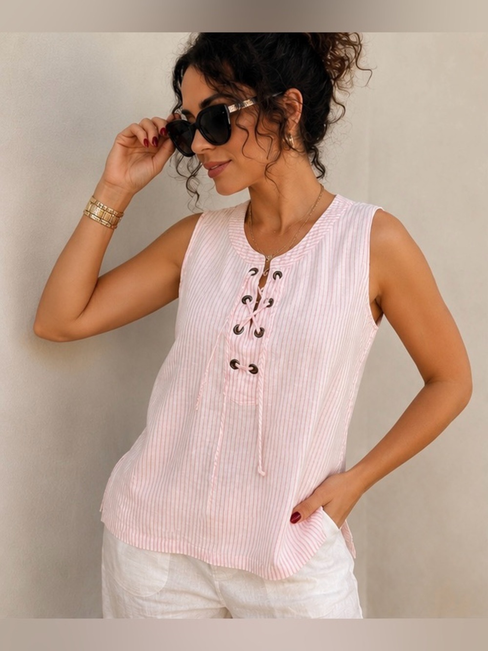 Tommy Bahama 100% Linen Pink Stripe Lace-Up Sleeveless Top Size Small P